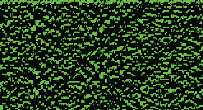 Abstract green digital glitch background. pixelated horizontal noise, 8-bit static texture, glowing green dashes, black backdrop. for cyberpunk game ui, tech hacker banners. stock vector.