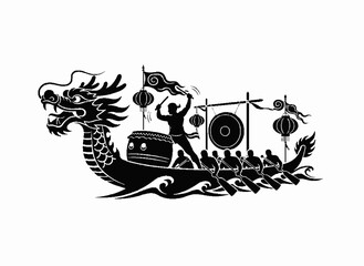 Dragon Boat Festival Celebration: A stylized illustration captures the vibrant spirit of the Dragon Boat Festival, depicting a dragon boat with a team of rowers, drummer, and festive decorations. © MetaPixel Studio