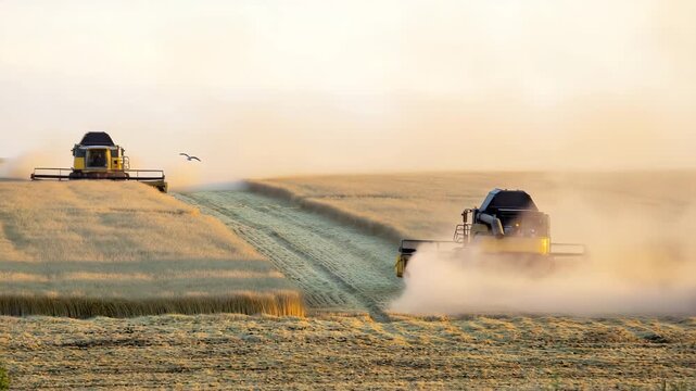 Machines work together to collect crops on a field during sunset. Birds fly in the sky as dust rises from the ground. The setting shows a busy rural landscape.