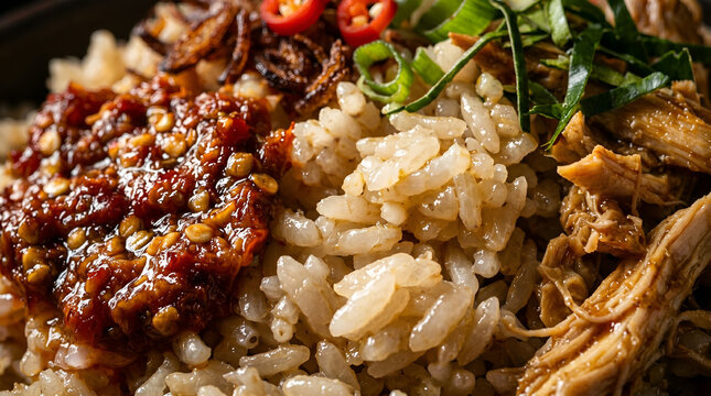 Macro nasi liwet solo texture with coconut rice and Indonesian side dishes for culinary branding and gourmet food editorials.
