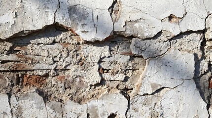 Fototapeta premium Old white brick wall with crumbling plaster and exposed masonry in bright daylighting.