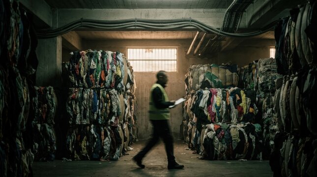 Fast Fashion textile waste crisis overwhelming an industrial warehouse with a stressed worker pacing