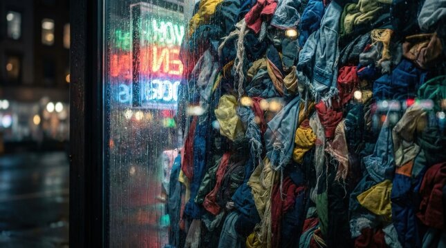 Fast Fashion textile waste crisis filling a retail store window display seen through rainy glass