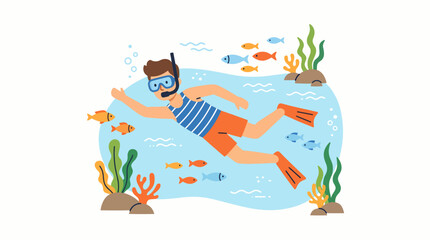 Man snorkeling underwater with colorful fish and seaweed, summer vacation activity © Ferly