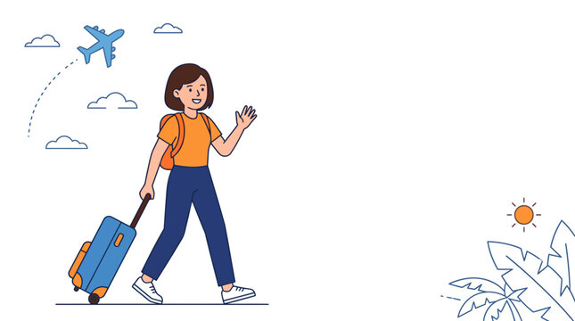 Happy woman traveler with suitcase walking and waving hello, airplane in sky