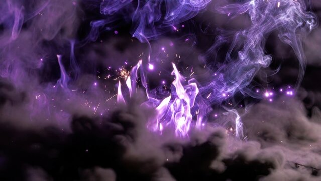 Purple flames and smoke swirling over dark smoky background