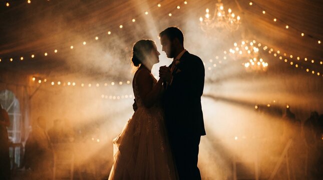 The couple dances in silhouette beneath glowing lights and soft haze, creating a dramatic and romantic wedding reception atmosphere.