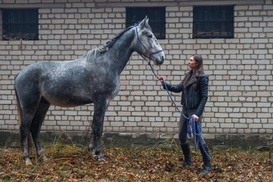 Full length shot of a woman and a large grey horse standing on autumn leaves near a brick stable