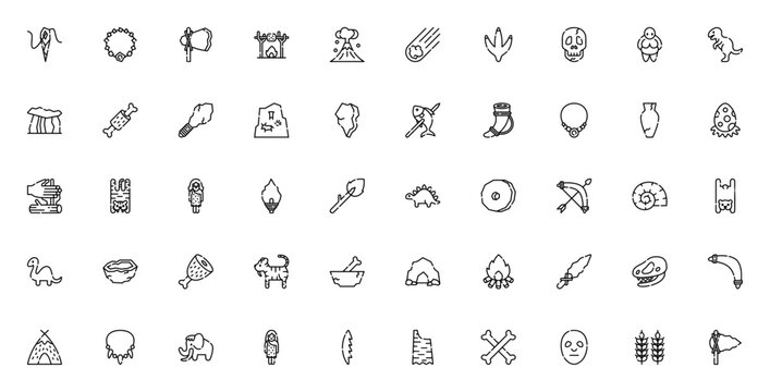 Prehistoric era icon set. Minimal line vector pack. Includes needle, necklace, stone axe, volcano, dinosaur, skull, spear, fire, cave painting, mammoth, wheel, troglodyte and more.