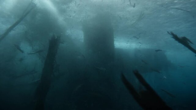 Turbulent Underwater Debris Field Swirls With Bubbles Shattered Glass And Wood Splinters Cinematic