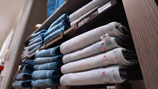 Various styles and sizes of folded blue jeans neatly stacked on display shelves inside a modern retail clothing store, showcasing the wide selection of denim pants available for purchase
