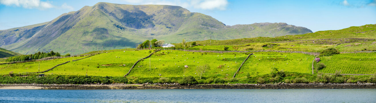 Green mountain slopes rise above Killary Fjord under bright skies in western Ireland. This image is a scenic landscape focused more on the fjord lush hillsides than the water.