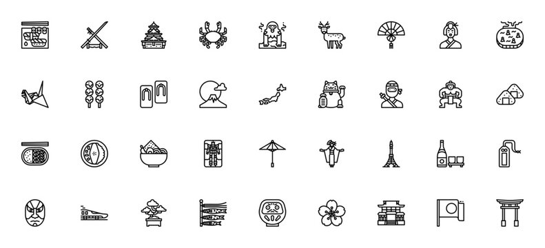 Japan icon set. Traditional culture vector pack. Featuring sushi, katana, castle, geisha, origami, sakura, torii gate, fuji mountain, shinkansen and more. Minimalist travel illustration collection.