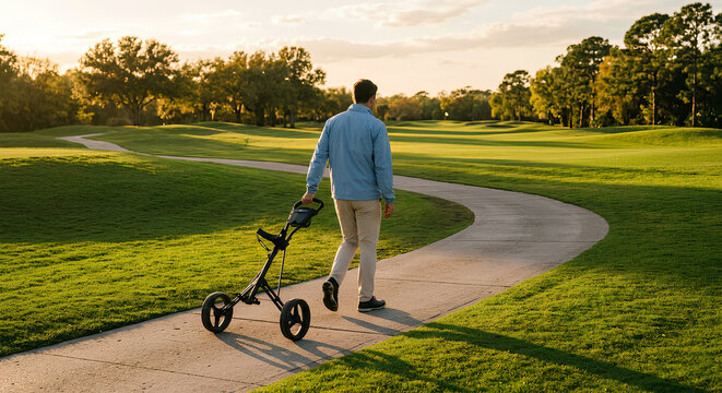 Man pulling a golf push cart on a lush golf course during golden hour with peaceful scenery and warm evening sunlight.