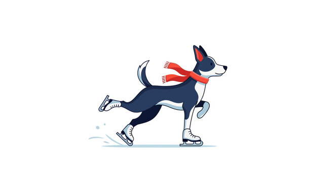 Cute cartoon dog wearing a red scarf ice skating.