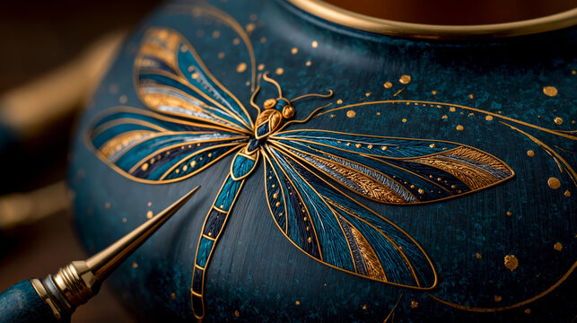 Macro shot of a Japanese master artisan performing Kaga-zagan metal inlay, exquisite gold and silver dragonfly pattern on blue oxidized steel, traditional Ishikawa prefecture art