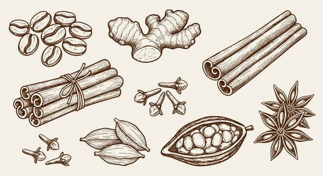 Spice icons, brown illustration set, 12 elements, cinnamon, ginger, nutmeg, cardamom, star anise, vector graphics