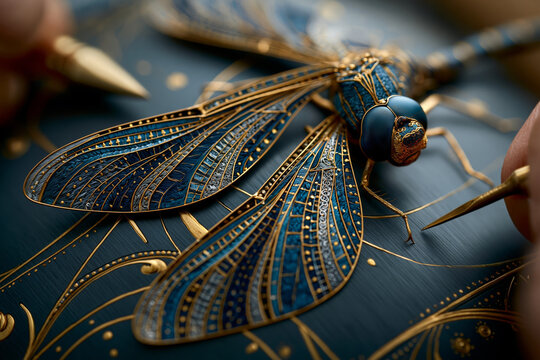 Extreme close-up of artisan hand crafting a Kaga-zagan dragonfly, intricate gold and blue metal filigree, Japanese traditional damascene inlay technique from Kanazawa, Ishikawa prefecture