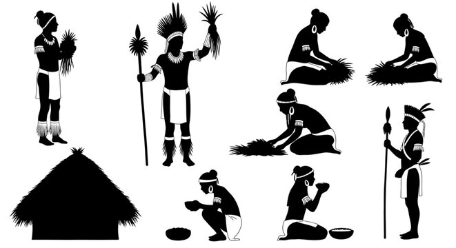 African tribal people, black silhouettes, vector icons, 8 figures, thatched hut, traditional clothing