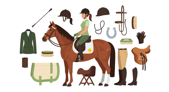 Equestrian, horse riding, equine, jockey, equipment, 25 icons, vector set