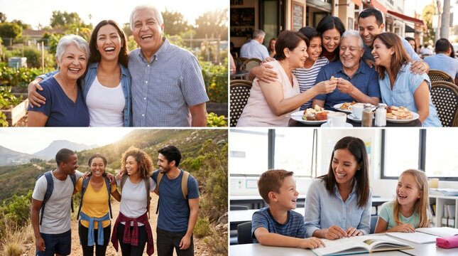 Happy diverse families enjoying various activities together