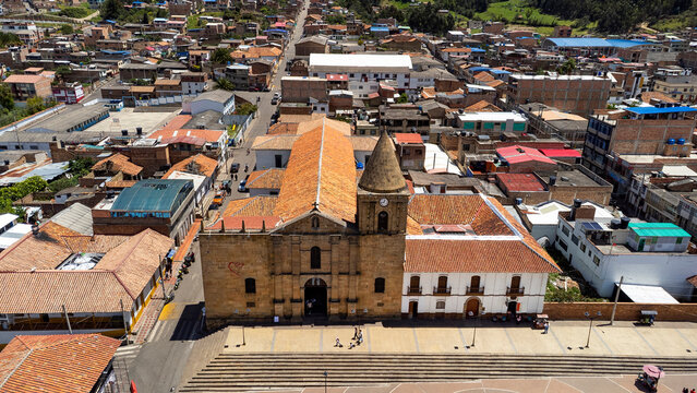 Socha, Boyaca - Colombia. March 1, 2026. Panoramic drone view of the town's main church.