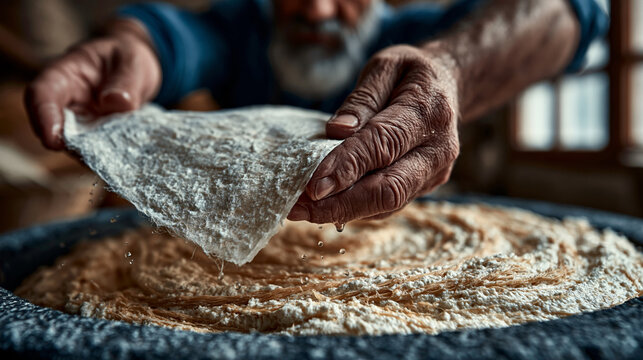 Close-up of artisan hands peeling a fresh wet sheet of Mino-washi paper from mulberry pulp, traditional Japanese papermaking in Gifu, exquisite organic texture and droplets