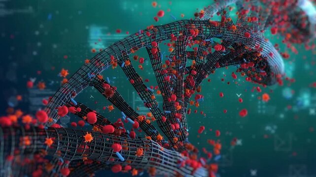 Damaged DNA double helix rotating in a dark futuristic environment, symbolizing genetic mutation, biotechnology research, disease, and molecular science.