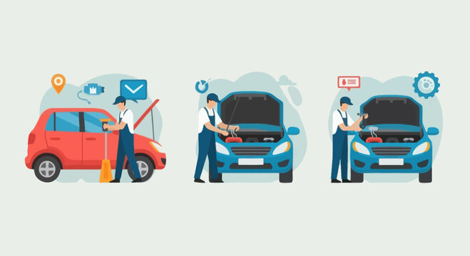 Car Repair Service: Mechanic Fixing Auto Engine and Checking Vehicle Maintenance