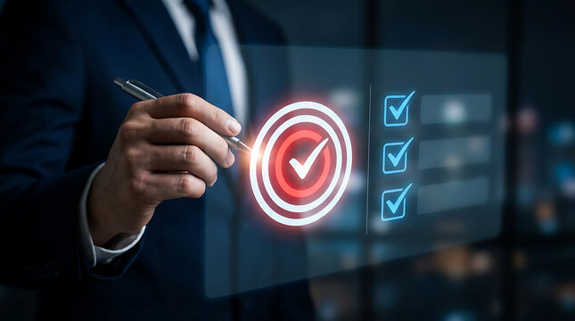 Businessman in a suit using a stylus pen to select a check mark on a glowing holographic target interface in a dark office setting