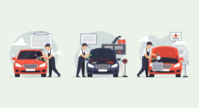 Car repair service, mechanics working on vehicles, diagnostic, maintenance illustration