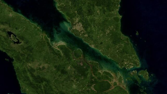 Satellite video of Strait of Malacca geography. Earth map zooming on the waterway between Malaysia and Indonesia.