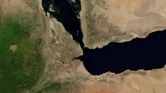 Satellite video of Bab el-Mandeb geography. Earth map zooming on the waterway connecting Red Sea to Gulf of Aden.
