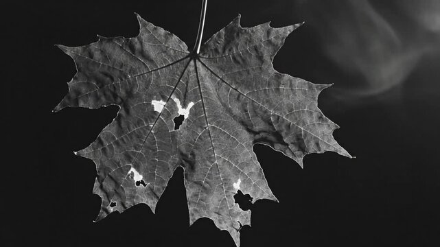 Black and White Close Up of a Decaying Maple Leaf with Atmospheric Smoky Background