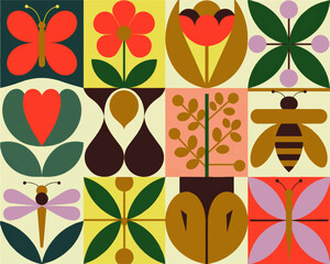 Mid century modern geometric nature pattern with butterflies bees flowers and leaves in colorful retro abstract grid design