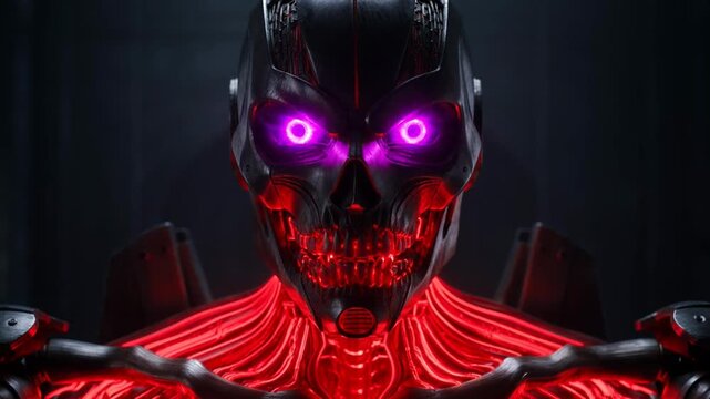 Futuristic terminator robot with glowing purple eyes