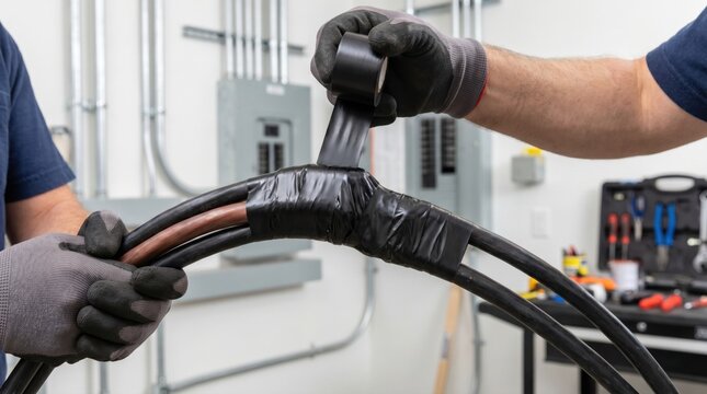 Electrician wearing protective gloves wrapping black electrical tape around a thick copper wire splice in a utility room