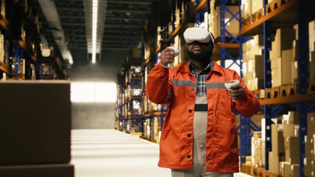 Black worker practices parcel scanning in VR environment with headset and gadgets, 3D simulation replicates cargo preparation and shipping operations. High tech busy distribution center.