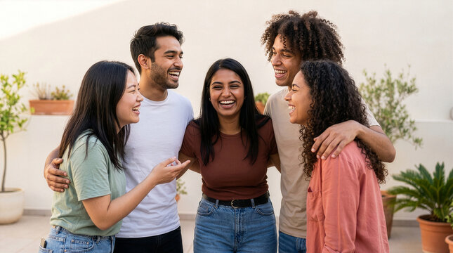 Diverse group of young friends laughing outdoors