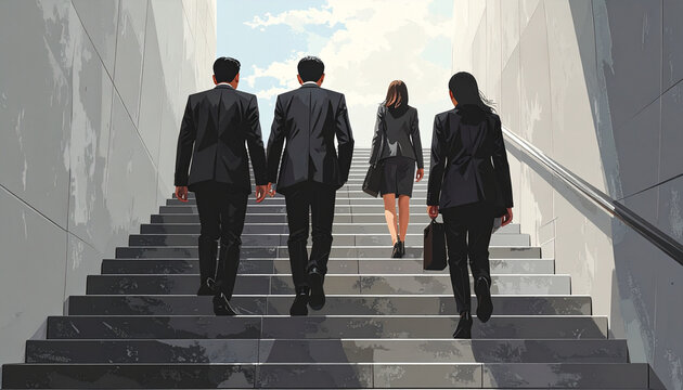 Group of business professionals walking up stairs to success.