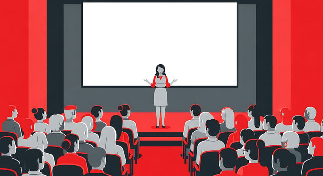 Business presentation in a conference hall with a speaker on stage and audience sitting in rows