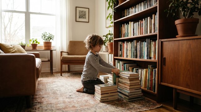 A young boy sorts a stack of books on the floor near a large wooden shelf. Bright cozy living room setting encourages learning and responsibility. Ideal for parenting and education content.