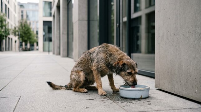 Dog drinking water from a bowl on an urban sidewalk, a realistic animal welfare image for hydration, rescue care, street pet support, and community kindness concepts.