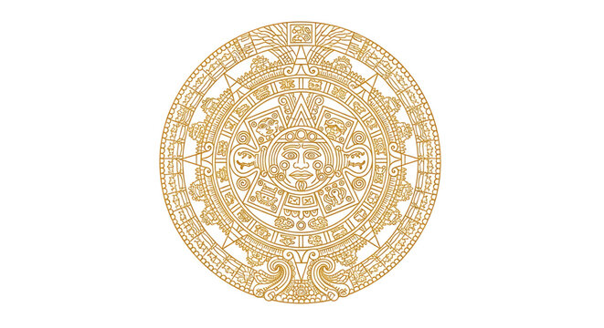 Aztec sun stone calendar vector illustration, ancient mexican civilization symbol, golden circular design