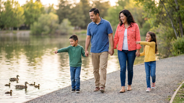 Parents Day latino family walking by lake in park celebrating nature exploration for greeting cards social media holiday marketing campaign materials design