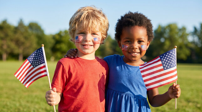 Flag Day diverse children with American flag face paint holding flags outdoor celebrating patriotic unity togetherness joy for greeting card banner