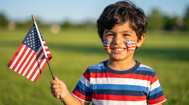 Flag Day Middle Eastern boy with American flag face paint holding flag outdoor celebrating patriotic pride joy for greeting card banner poster