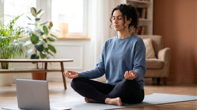 Young woman practicing yoga at home, sitting in lotus position on a mat in front of a laptop, meditating with eyes closed