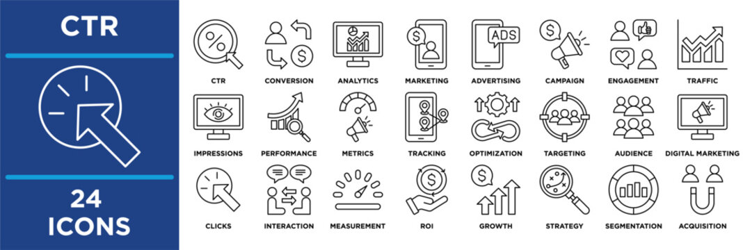 CTR icon collection set. Containing clickthrough, conversion, analytics, marketing, advertising, campaign, engagement, traffic, impressions. outline icon