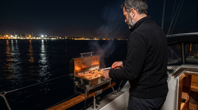 Man grilling food on a small barbecue on the deck of a sailboat at night with city lights reflecting on the water in the background